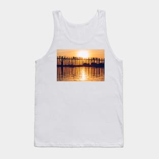 Orange Sundown Behind Long Wooden Bridge in Mandalay, Burma Tank Top